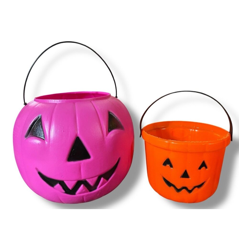 Vtg Halloween Candy Pails General Foam Pink Pumpkin JoL Runza Blow Mold Buckets